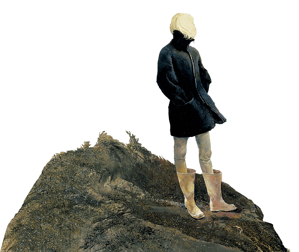 Person on a mountaintop with blue square behind